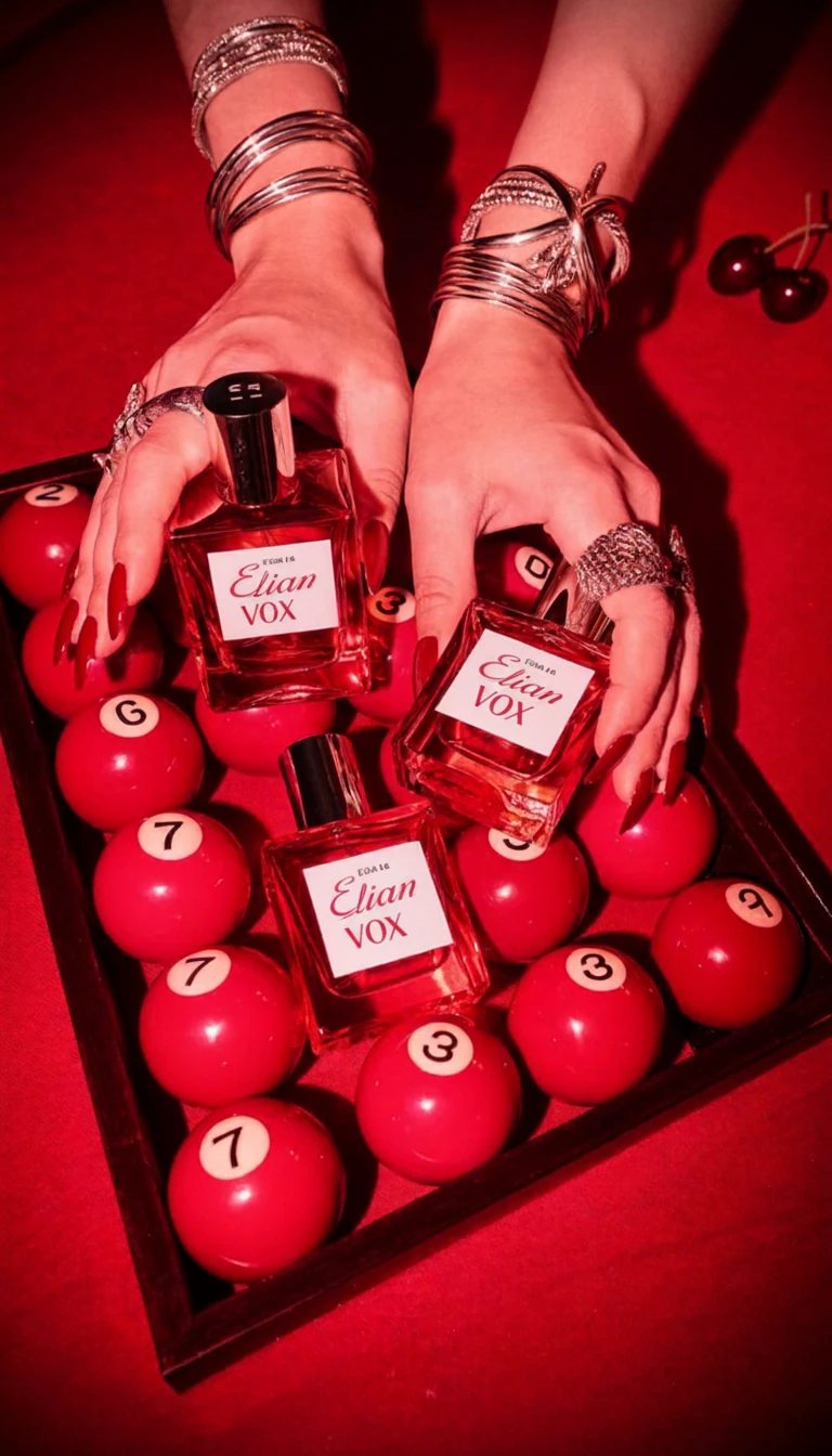 Elian Vox fragrance bottles held over a tray of red billiard balls, silver rings and bangles on red