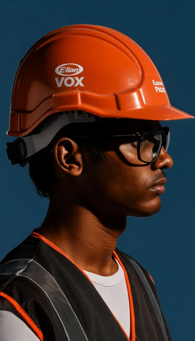 Profile portrait of a worker in an orange Elian Vox hard hat and safety glasses against deep blue