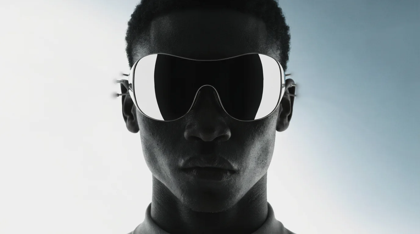 Portrait of a man in mirrored wraparound glasses with cables plugging into the temples