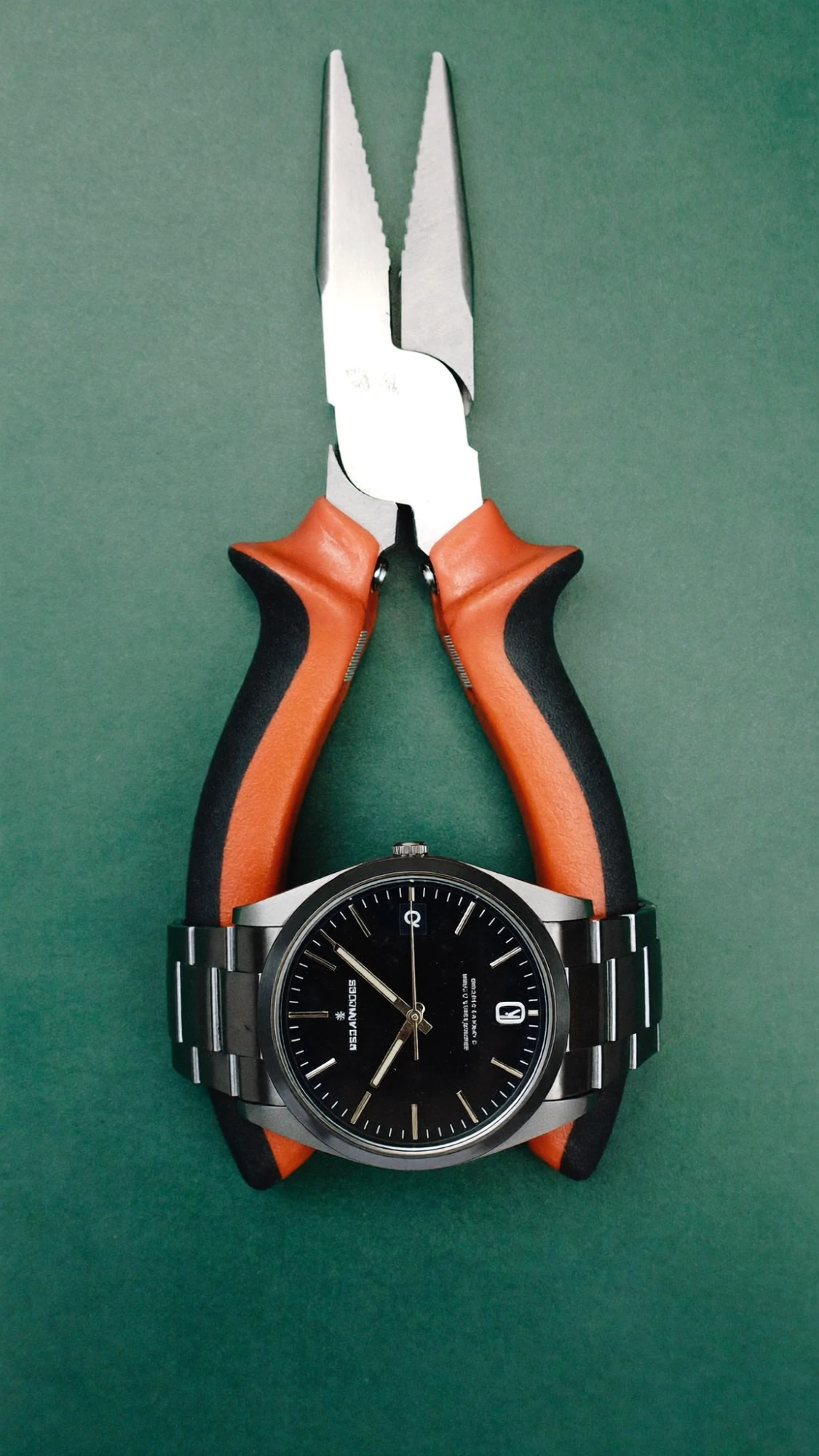Black-dial steel watch clamped in orange-handled pliers on a green backdrop
